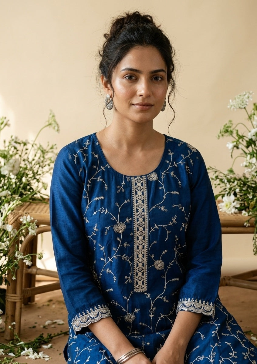 Blue Soft Raw Silk Gold Zariwork Straight Kurta With Pant Regular And Dupatta
