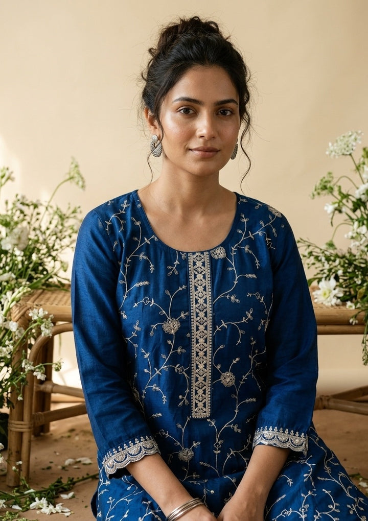 Blue Soft Raw Silk Gold Zariwork Straight Kurta With Pant Regular And Dupatta