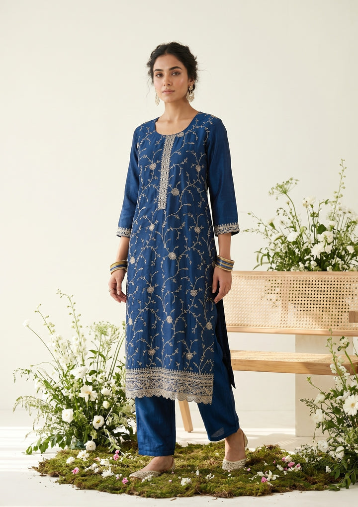 Blue Soft Raw Silk Gold Zariwork Straight Kurta With Pant Regular And Dupatta