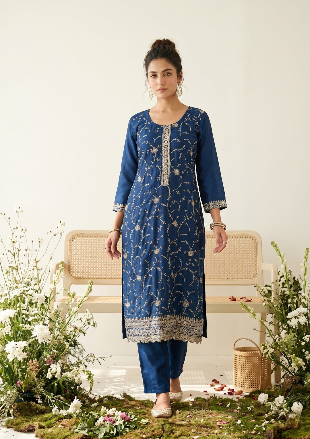 Blue Soft Raw Silk Gold Zariwork Straight Kurta With Pant Regular And Dupatta