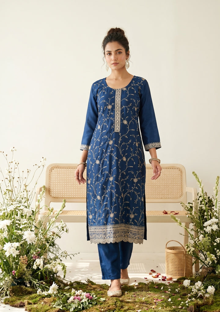Blue Soft Raw Silk Gold Zariwork Straight Kurta With Pant Regular And Dupatta