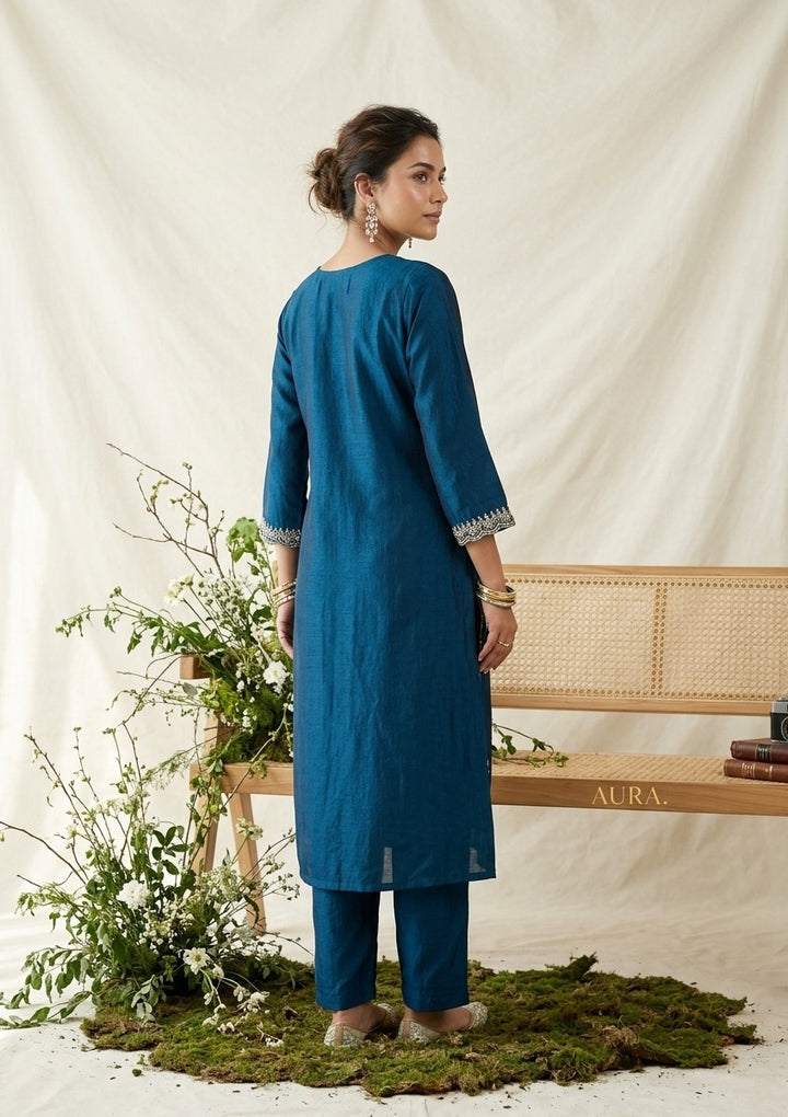 Blue Soft Raw Silk Gold Zariwork Straight Kurta With Pant Regular And Dupatta