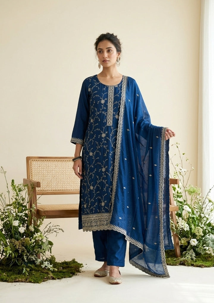 Blue Soft Raw Silk Gold Zariwork Straight Kurta With Pant Regular And Dupatta