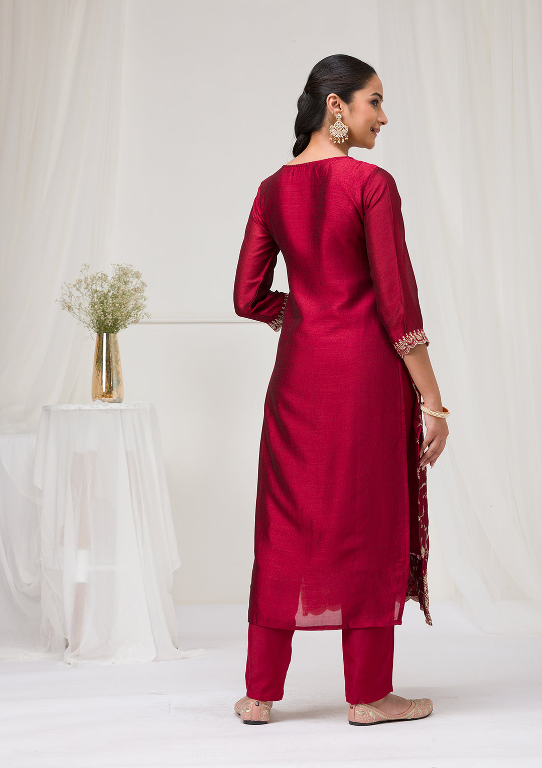 Maroon Threadwork Raw Silk Readymade Salwar Suit