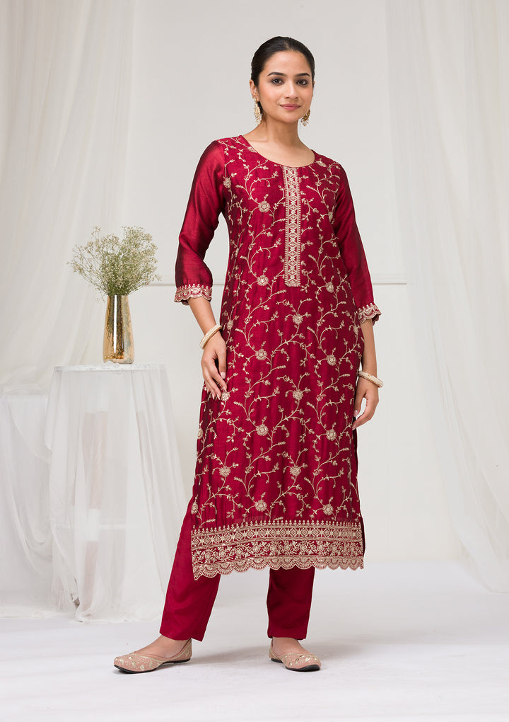 Maroon Threadwork Raw Silk Readymade Salwar Suit