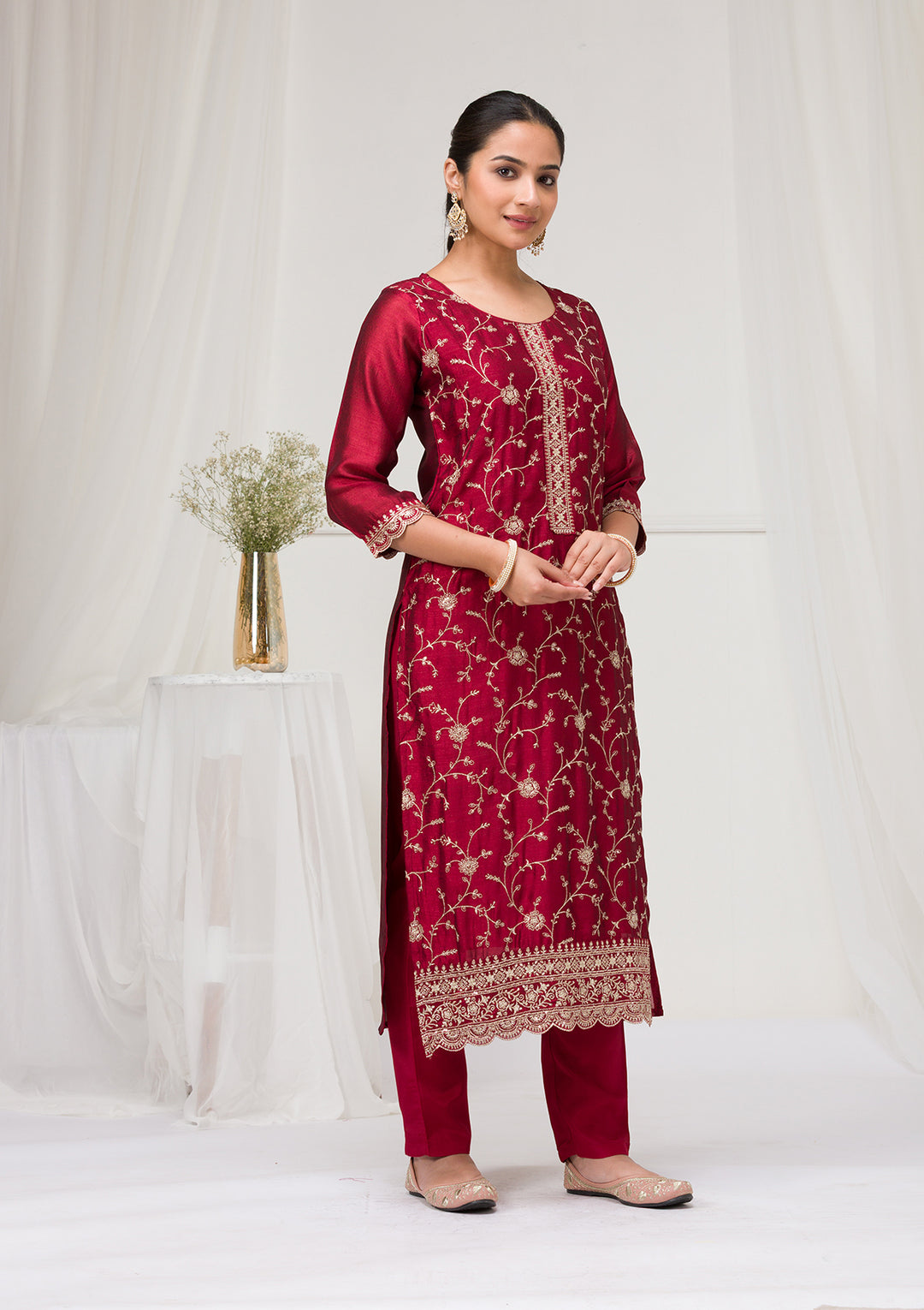 Maroon Threadwork Raw Silk Readymade Salwar Suit
