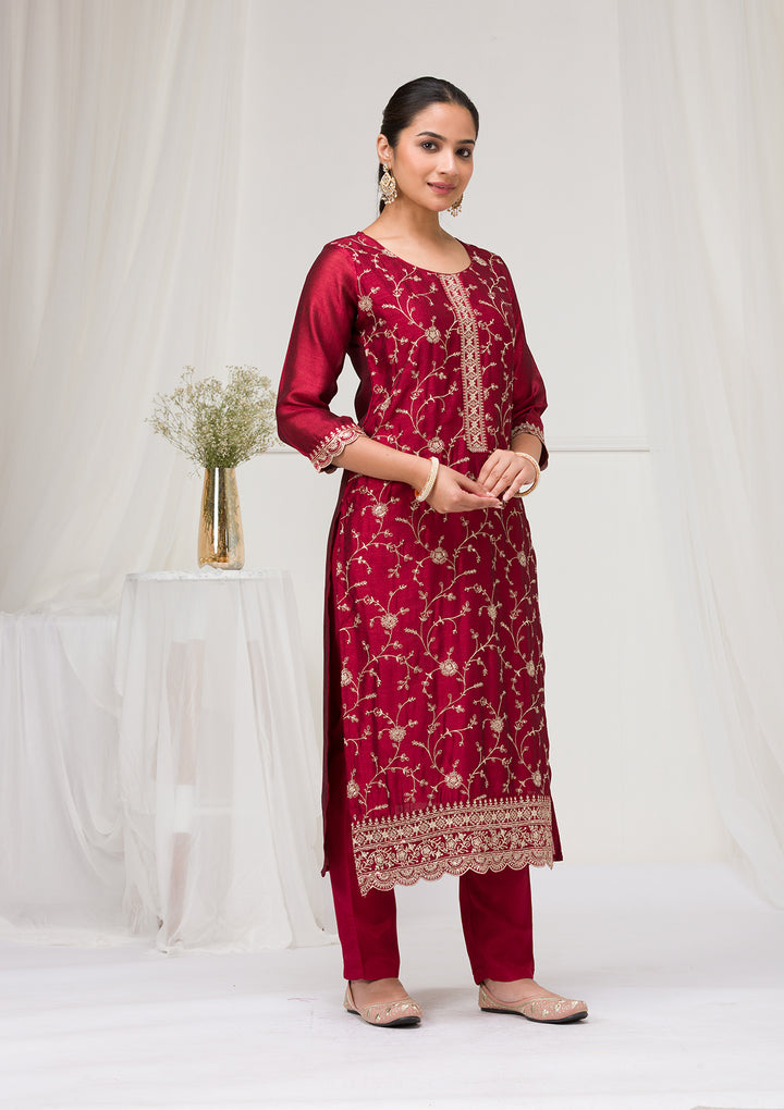 Maroon Threadwork Raw Silk Readymade Salwar Suit