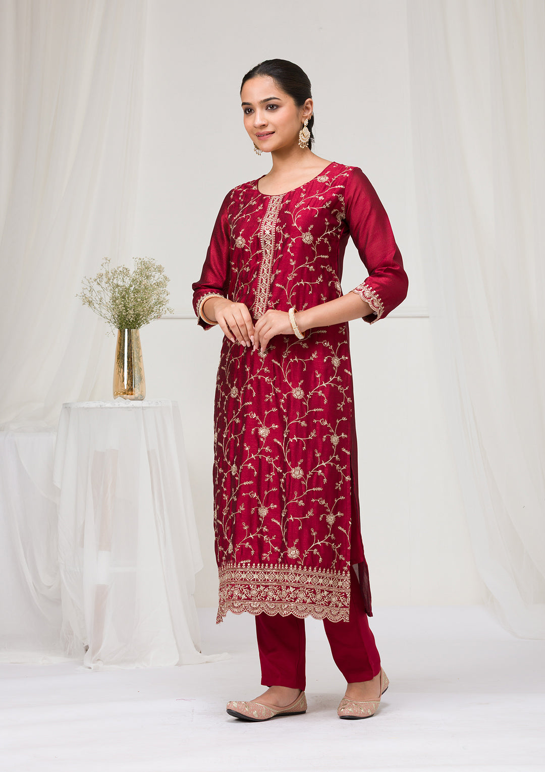 Maroon Threadwork Raw Silk Readymade Salwar Suit