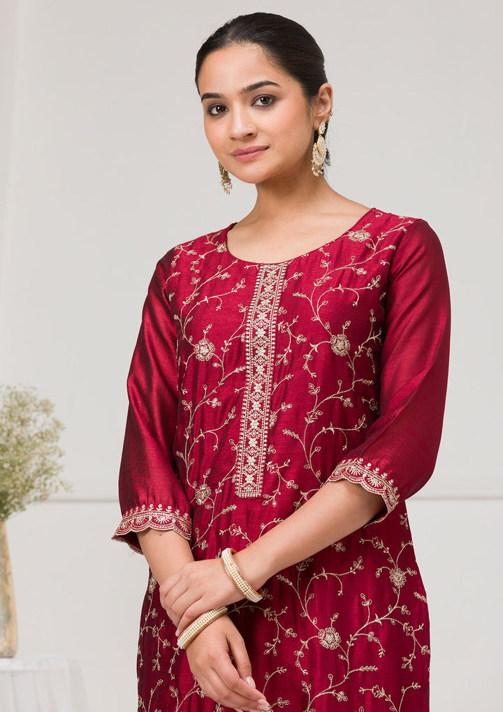 Maroon Threadwork Raw Silk Readymade Salwar Suit
