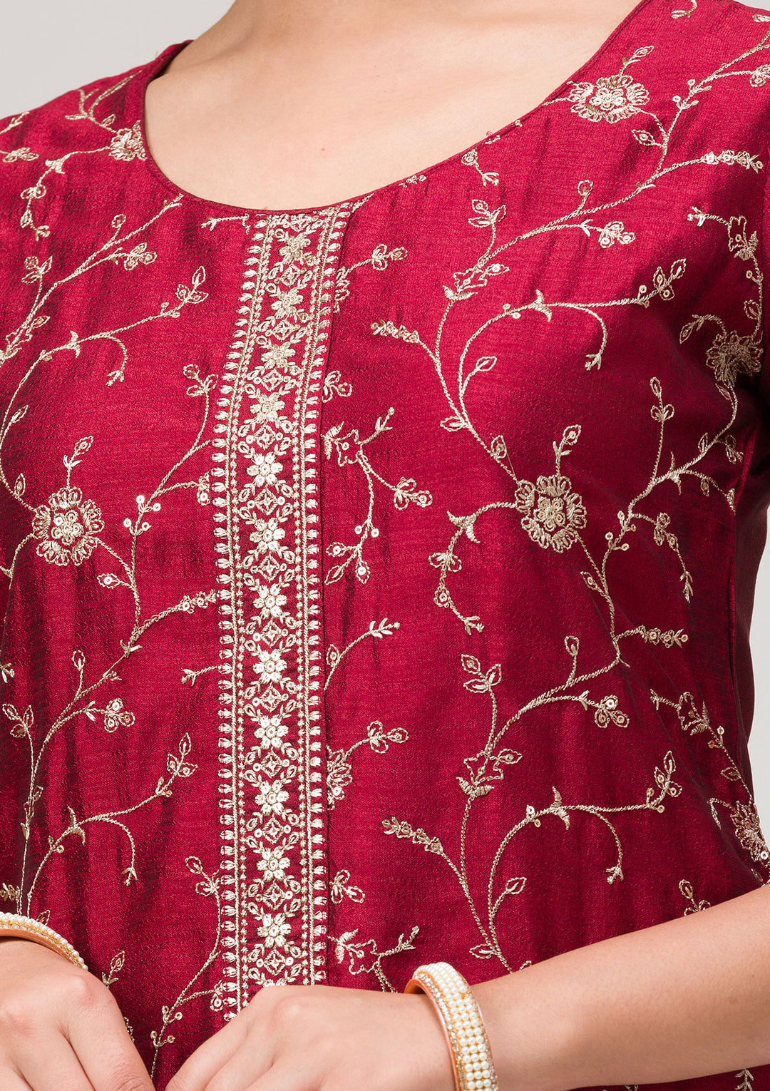 Maroon Threadwork Raw Silk Readymade Salwar Suit