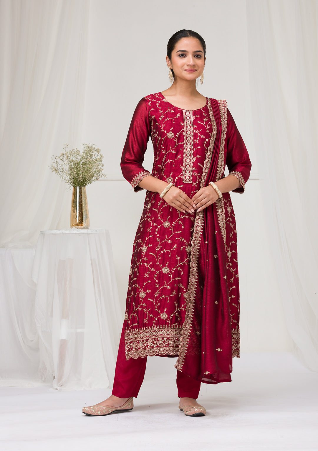 Maroon Threadwork Raw Silk Readymade Salwar Suit