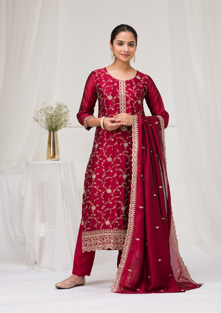 Maroon Threadwork Raw Silk Readymade Salwar Suit