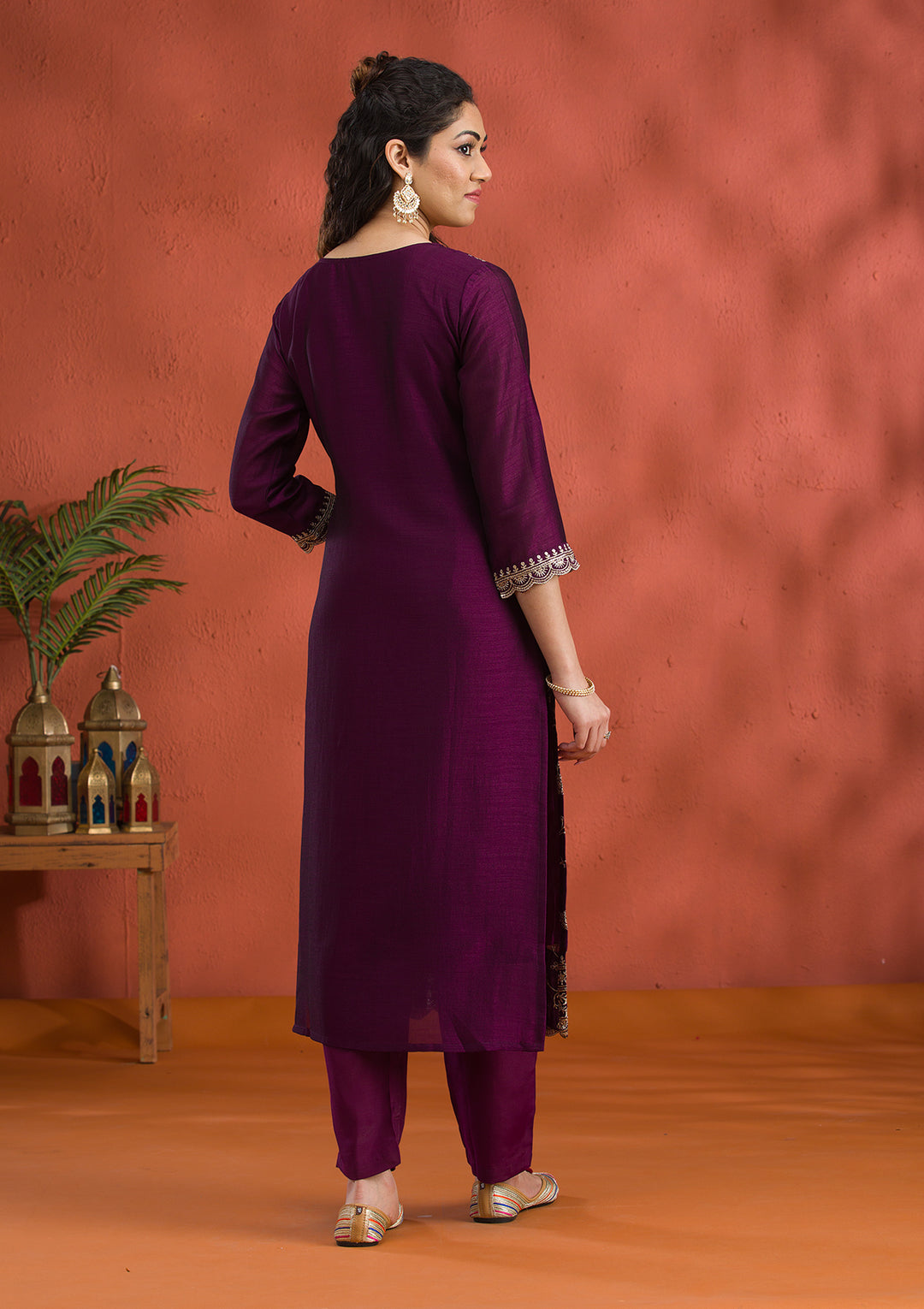 Purple Threadwork Raw Silk Readymade Salwar Suit