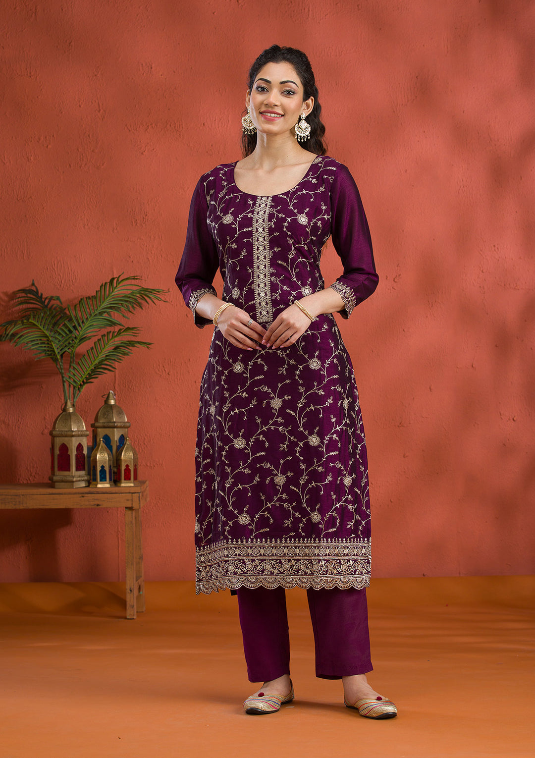 Purple Threadwork Raw Silk Readymade Salwar Suit