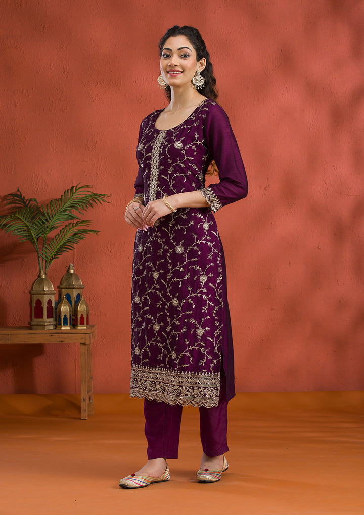 Purple Threadwork Raw Silk Readymade Salwar Suit