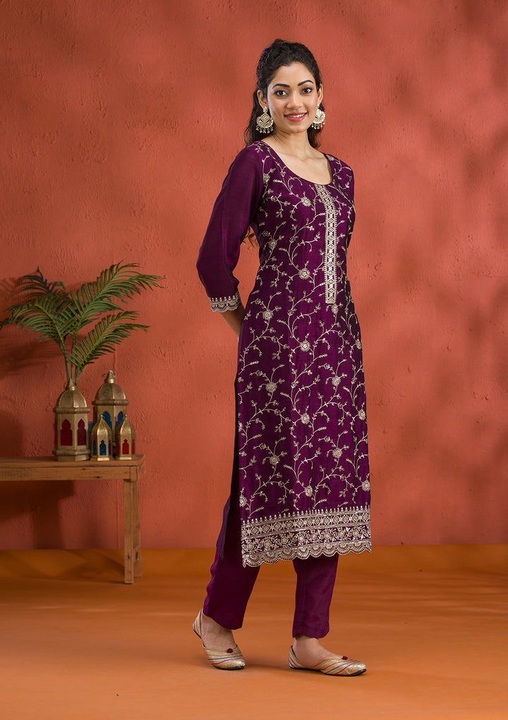 Purple Threadwork Raw Silk Readymade Salwar Suit