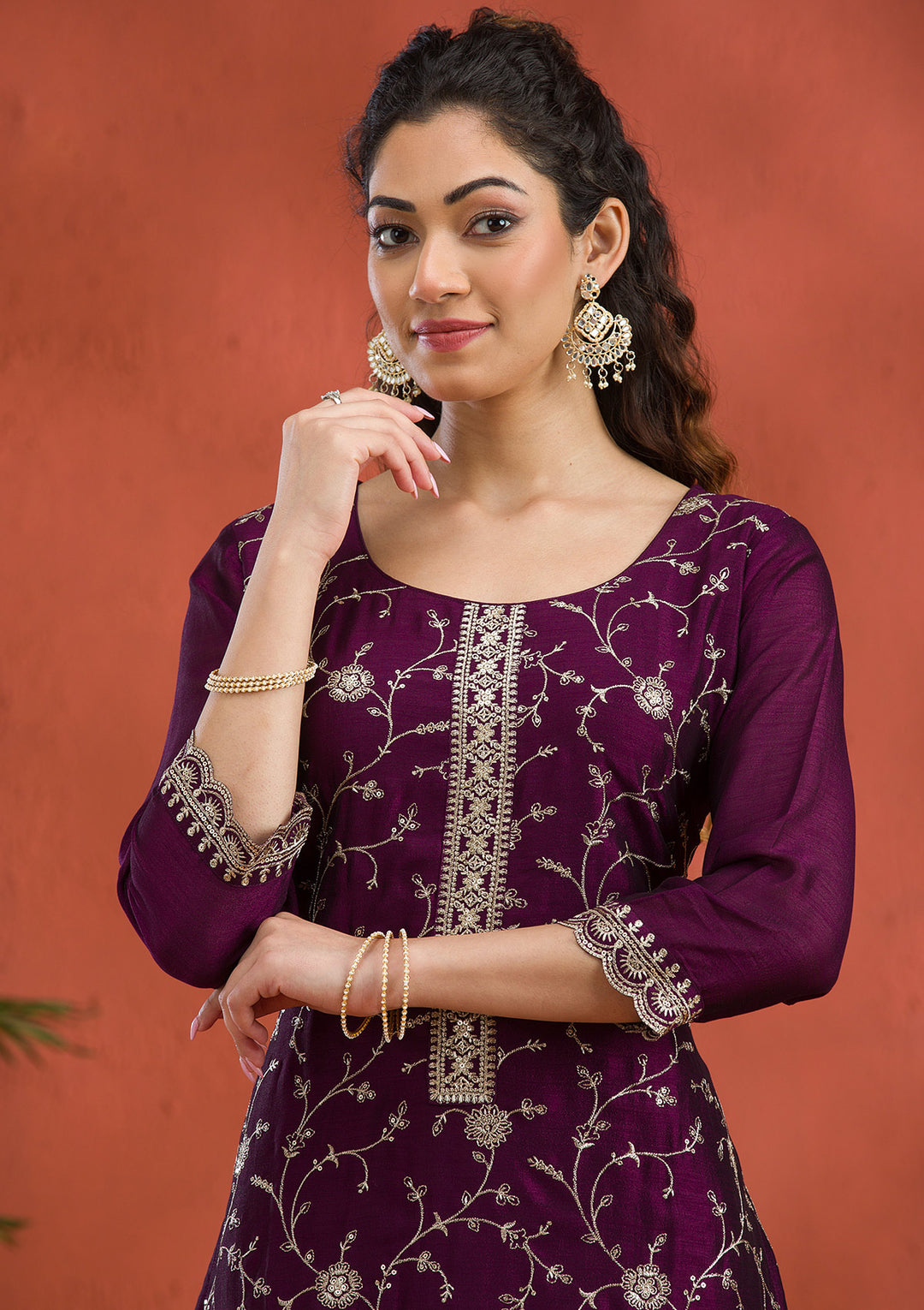 Purple Threadwork Raw Silk Readymade Salwar Suit