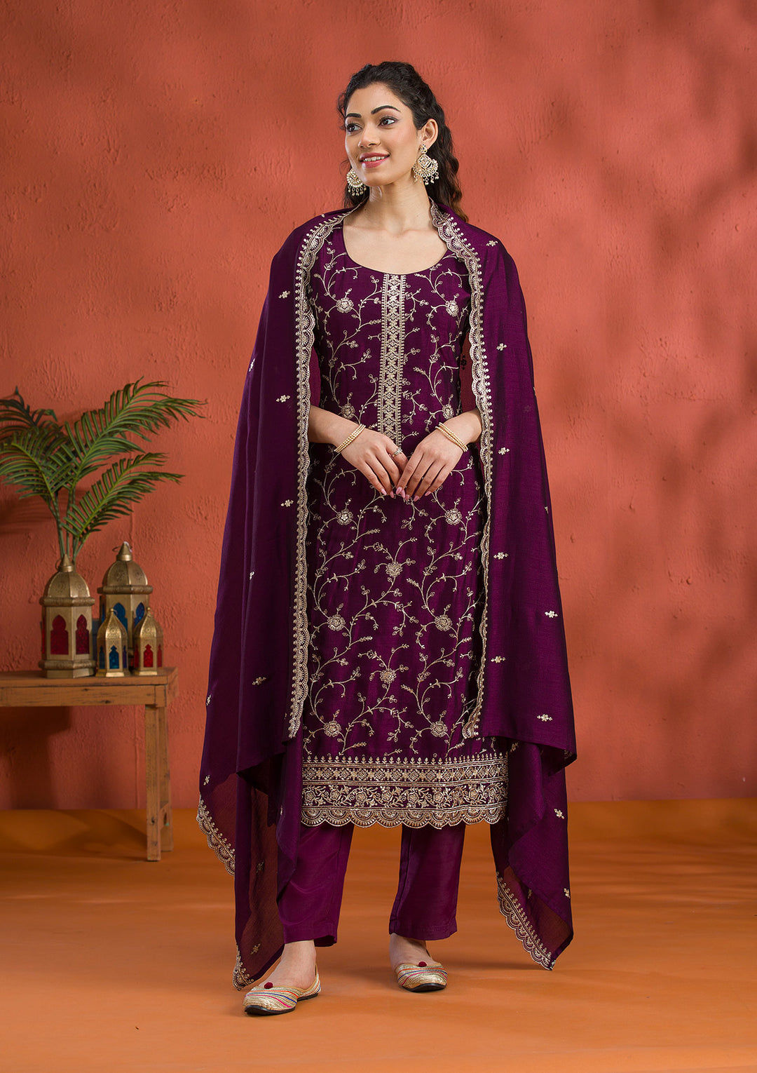 Purple Threadwork Raw Silk Readymade Salwar Suit