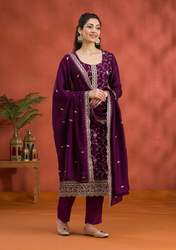 Purple Threadwork Raw Silk Readymade Salwar Suit
