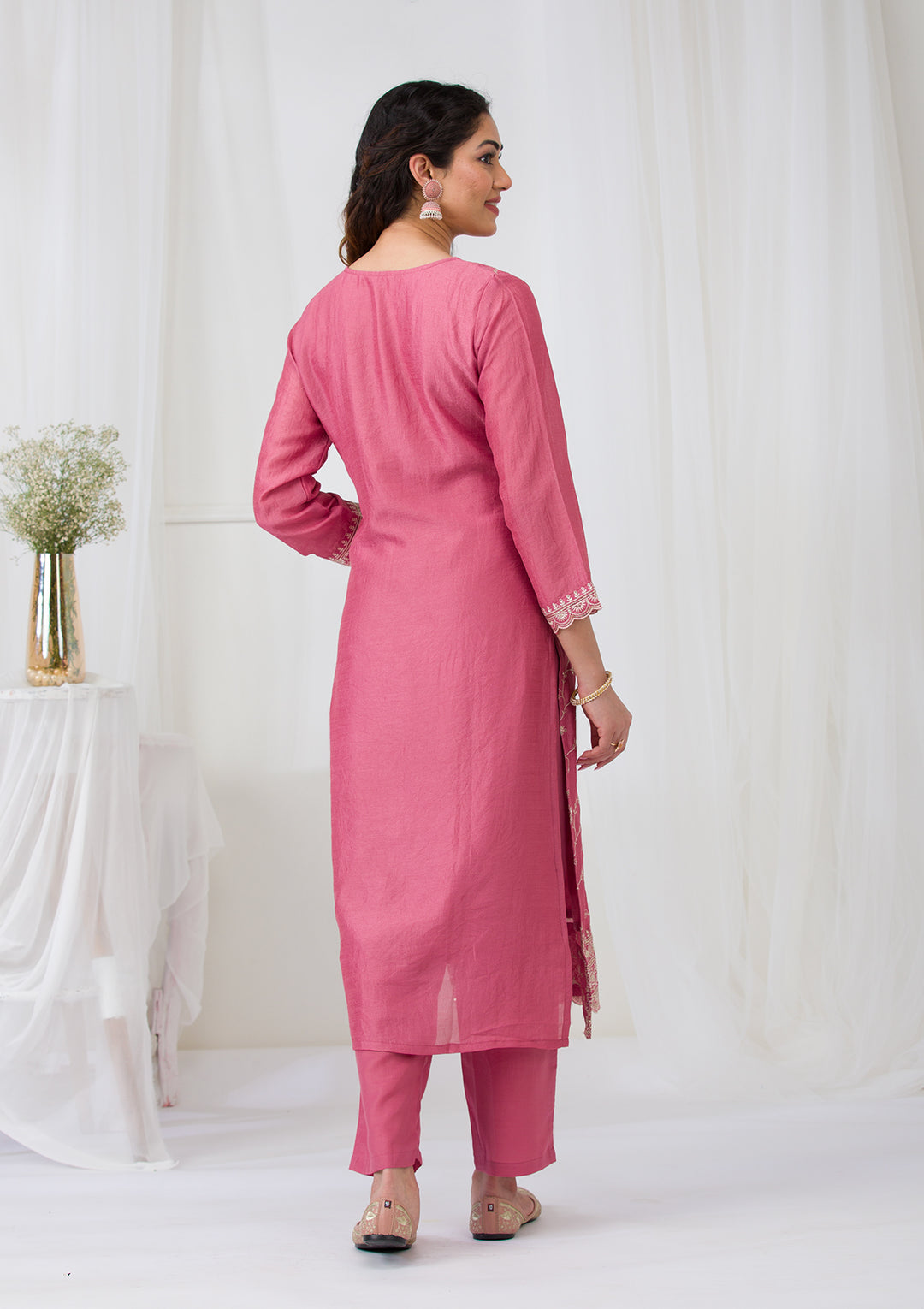Onion Pink Threadwork Raw Silk Readymade Salwar Suit