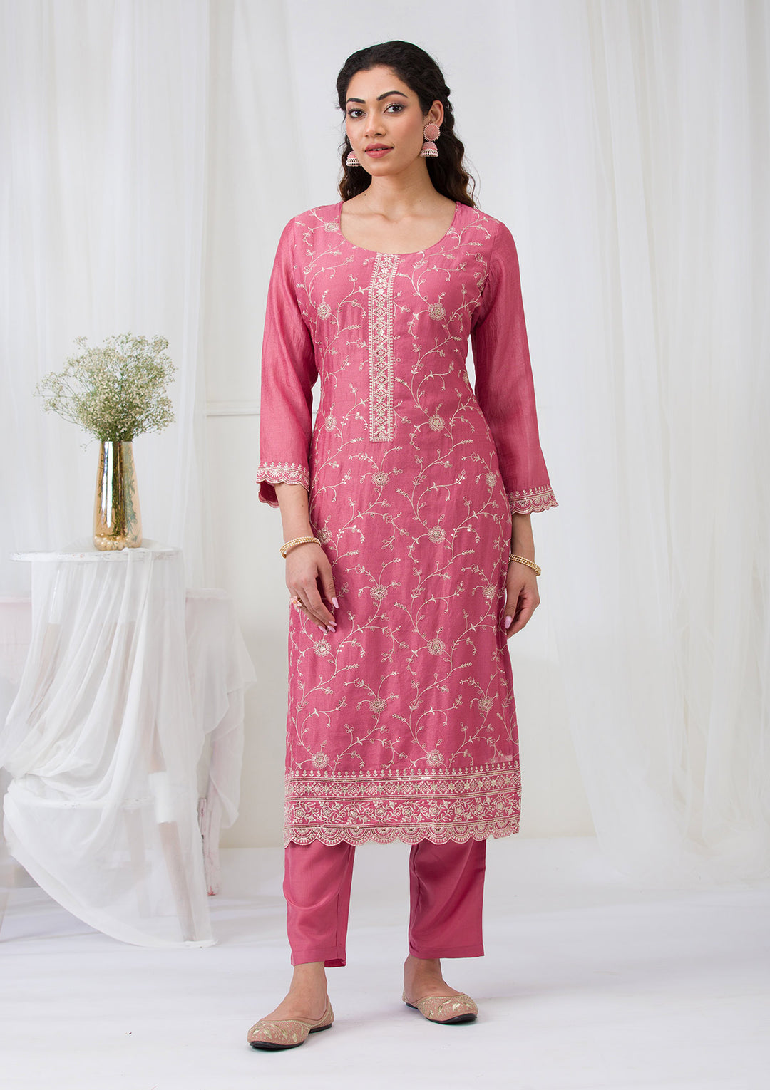 Onion Pink Threadwork Raw Silk Readymade Salwar Suit