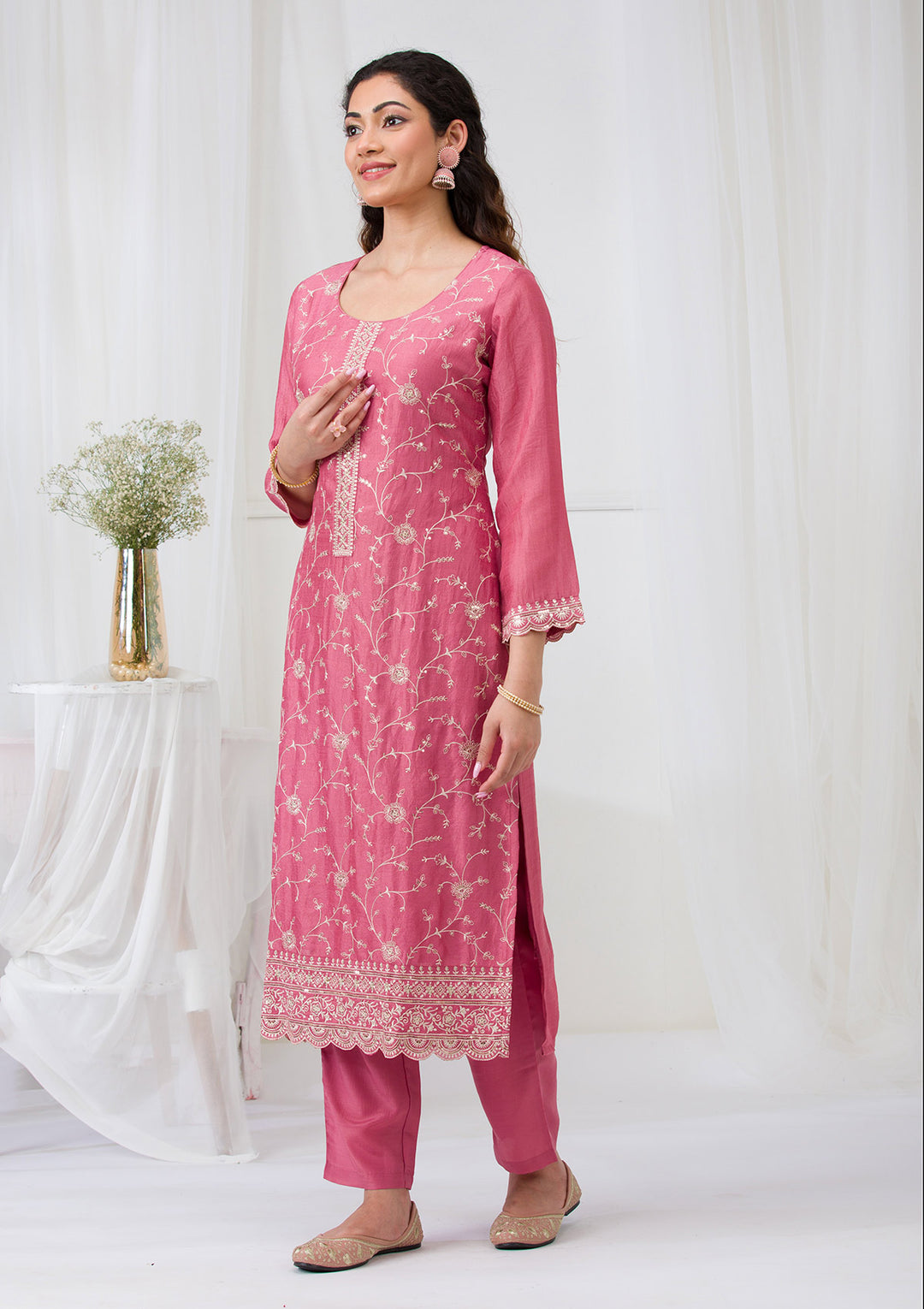 Onion Pink Threadwork Raw Silk Readymade Salwar Suit