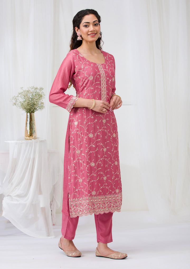 Onion Pink Threadwork Raw Silk Readymade Salwar Suit