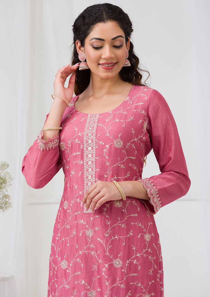Onion Pink Threadwork Raw Silk Readymade Salwar Suit