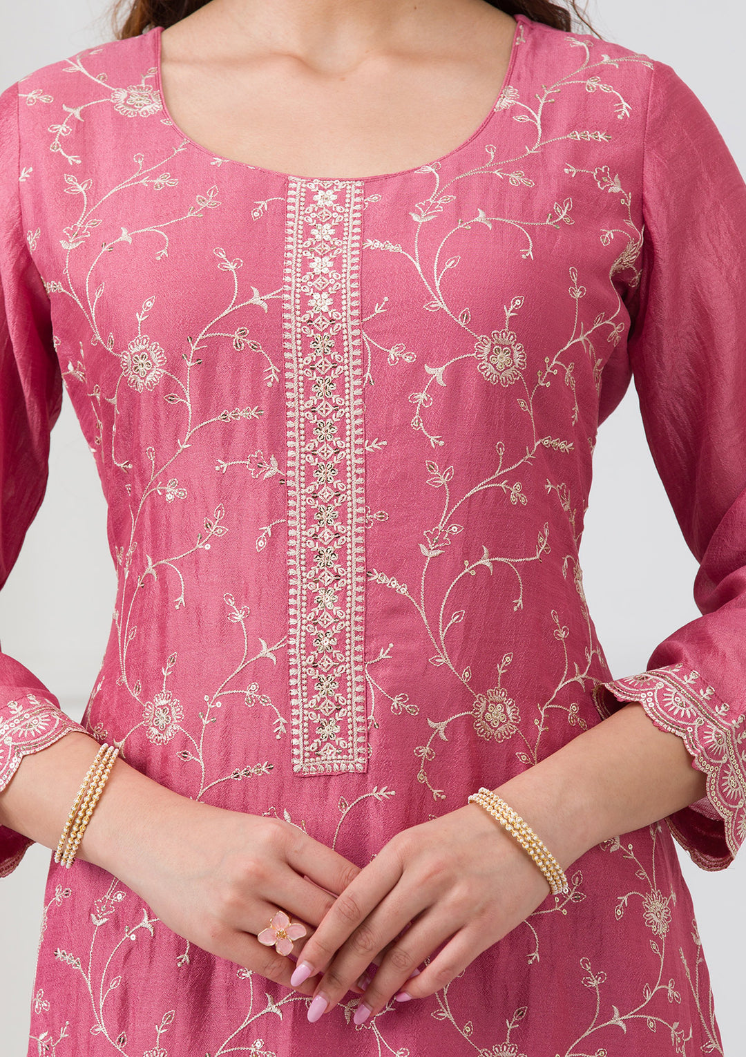 Onion Pink Threadwork Raw Silk Readymade Salwar Suit