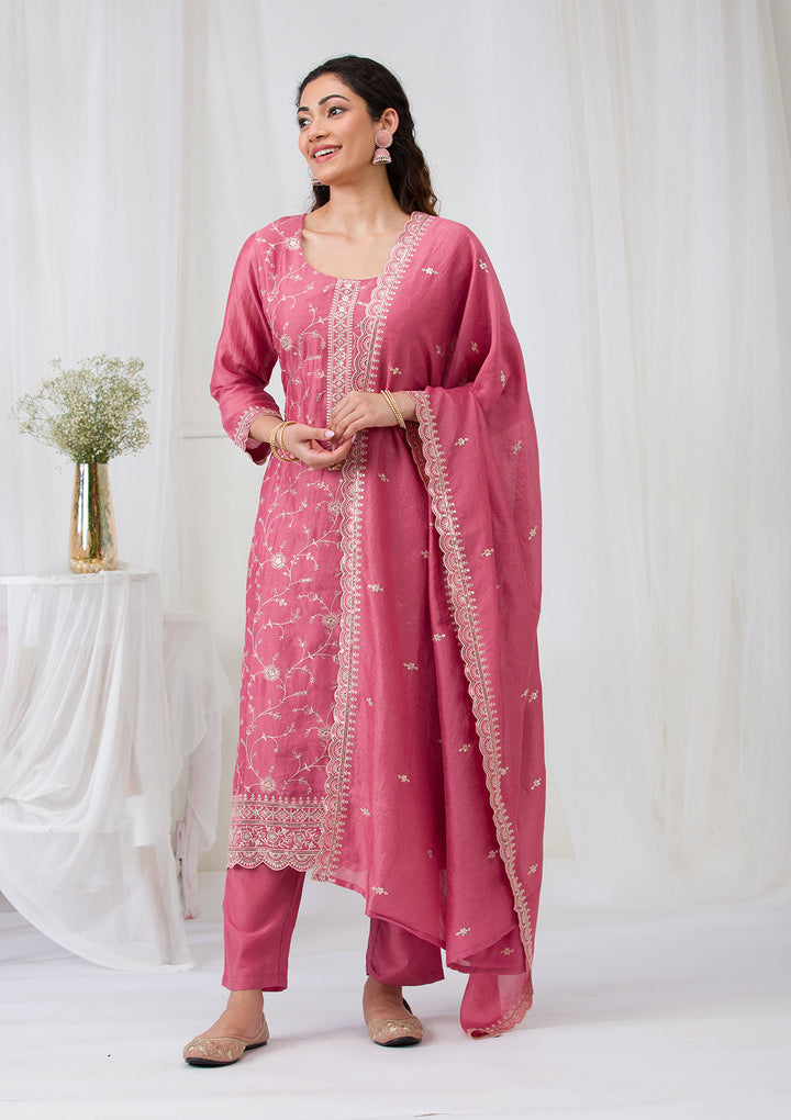 Onion Pink Threadwork Raw Silk Readymade Salwar Suit
