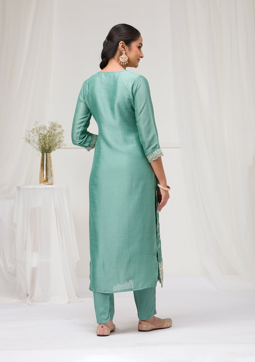 Sea Green Threadwork Raw Silk Readymade Salwar Suit