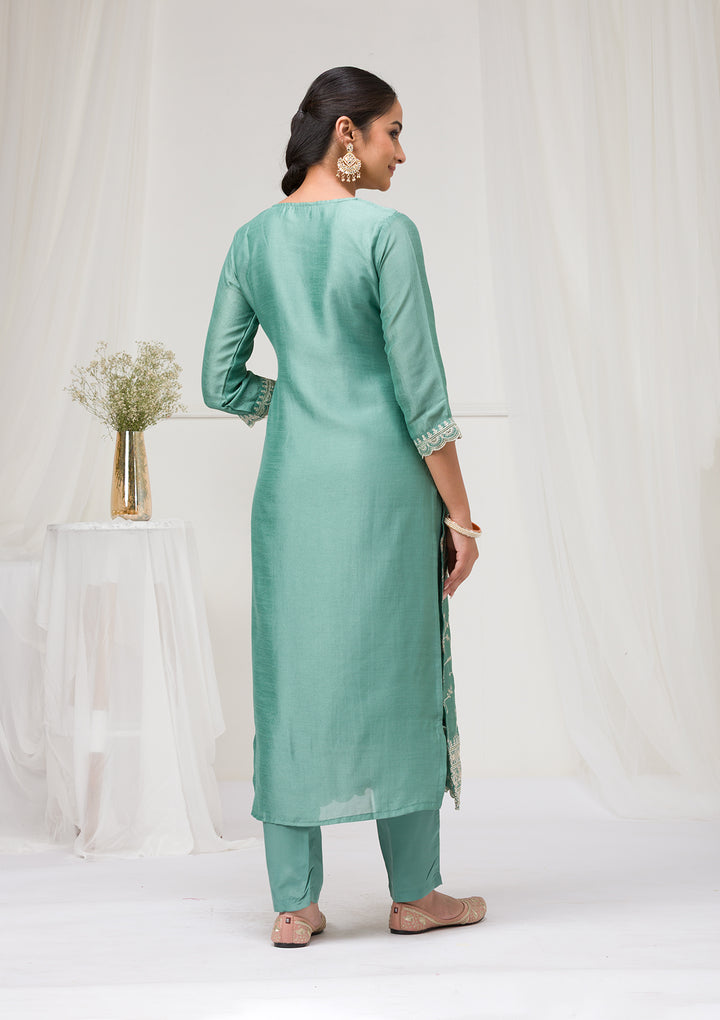 Sea Green Threadwork Raw Silk Readymade Salwar Suit