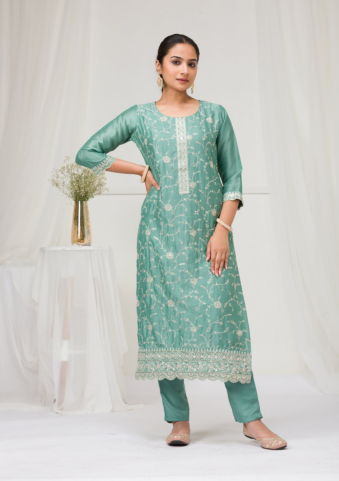 Sea Green Threadwork Raw Silk Readymade Salwar Suit