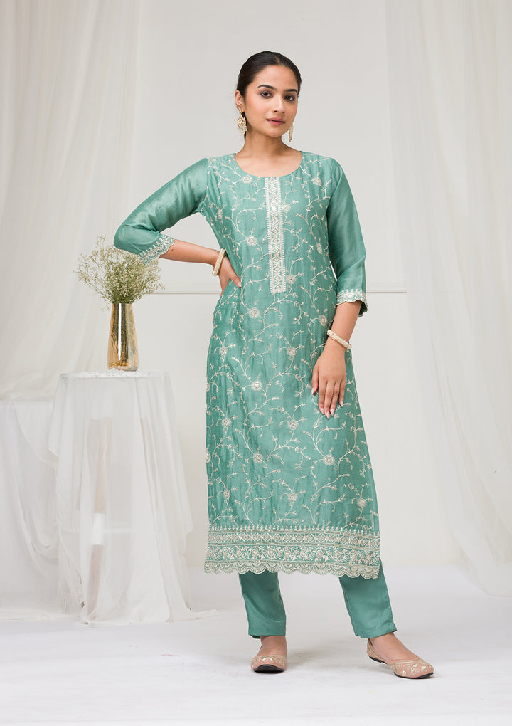 Sea Green Threadwork Raw Silk Readymade Salwar Suit