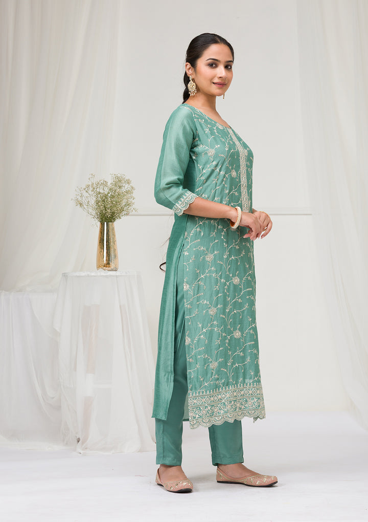 Sea Green Threadwork Raw Silk Readymade Salwar Suit