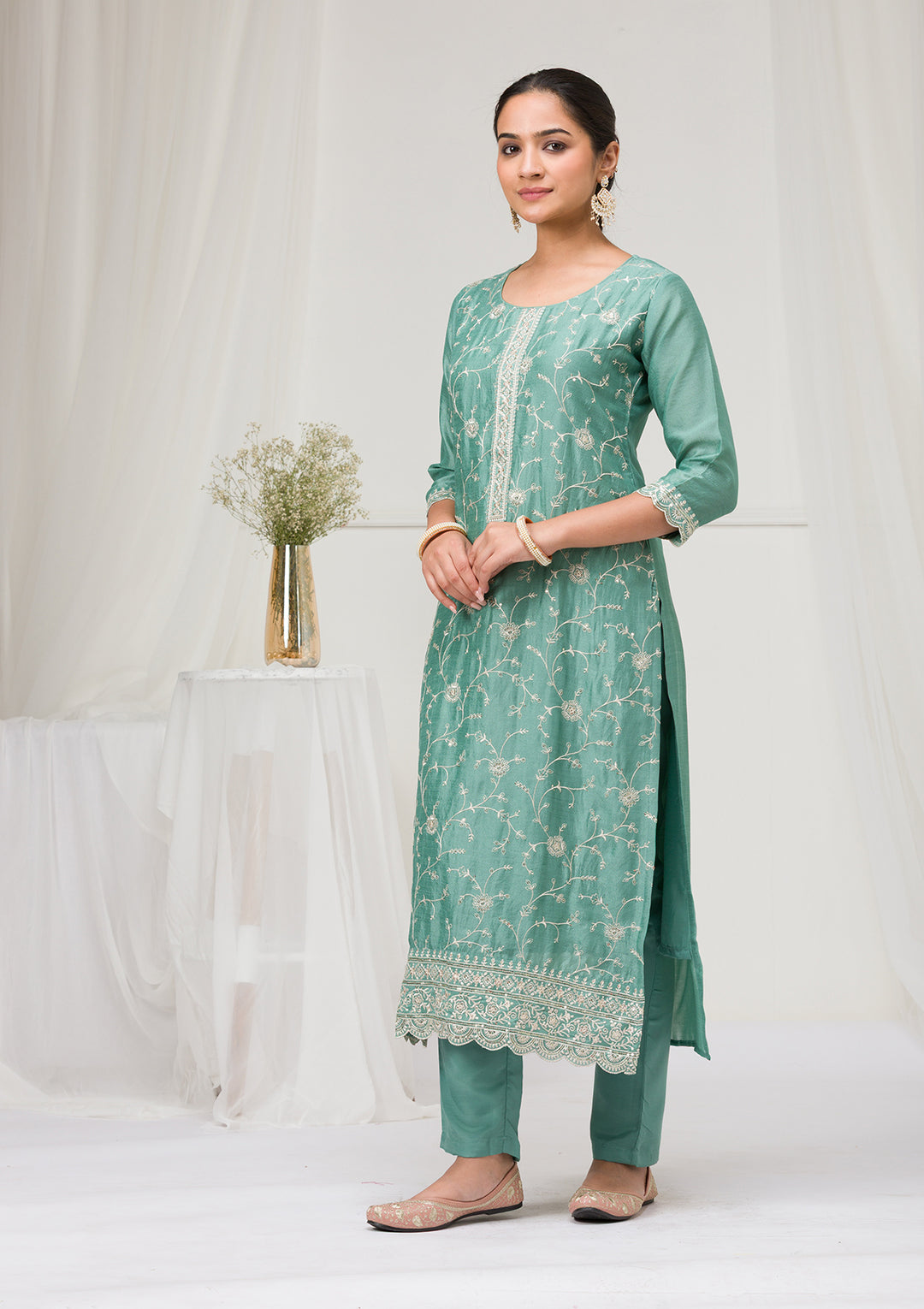 Sea Green Threadwork Raw Silk Readymade Salwar Suit