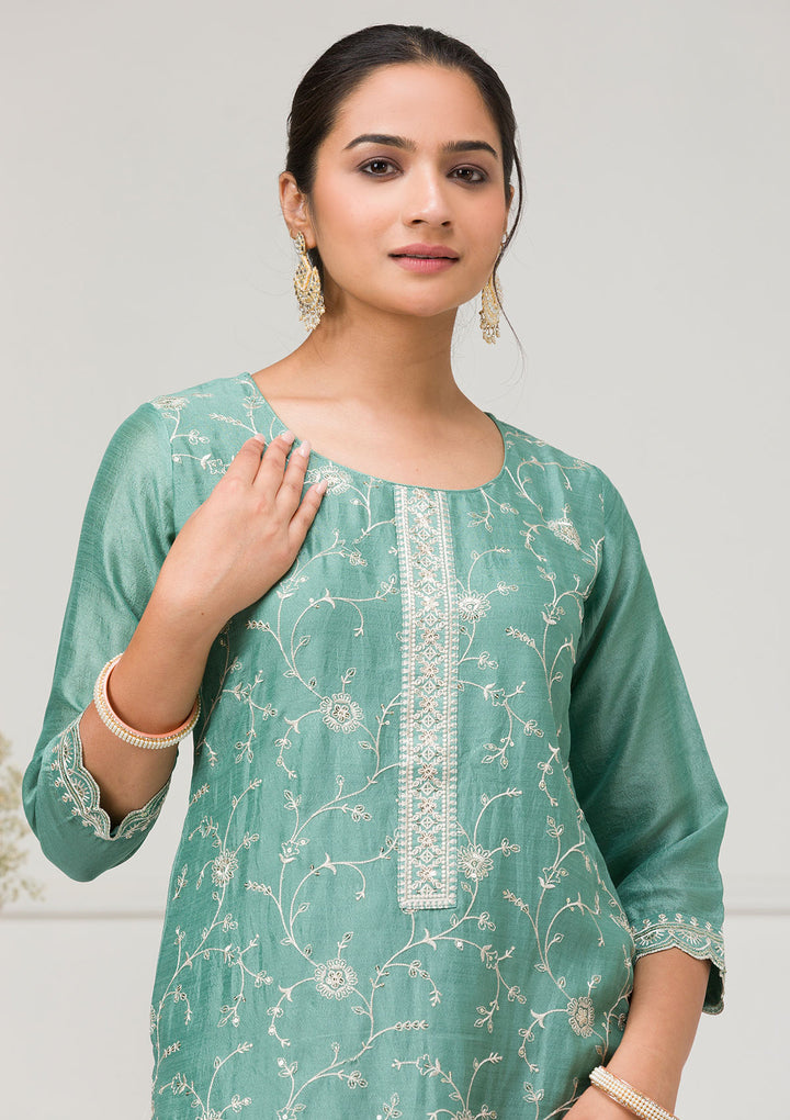 Sea Green Threadwork Raw Silk Readymade Salwar Suit