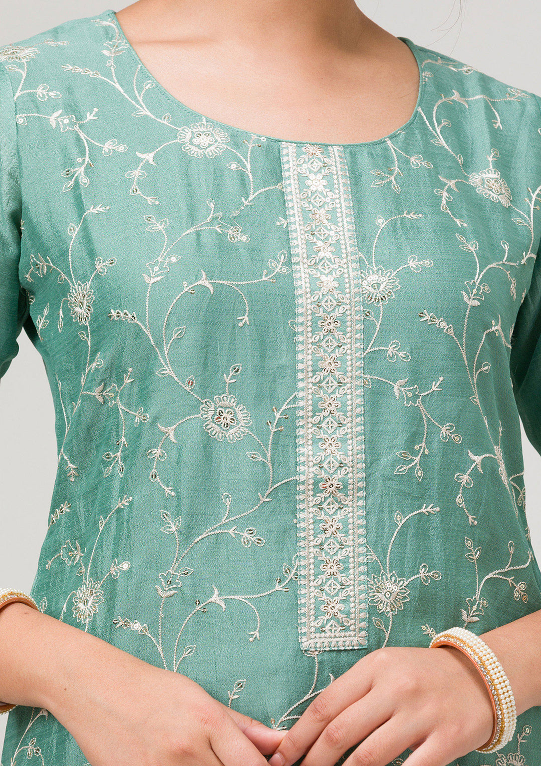 Sea Green Threadwork Raw Silk Readymade Salwar Suit