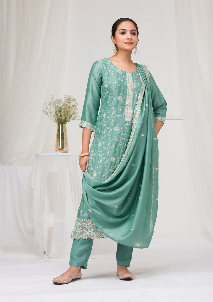 Sea Green Threadwork Raw Silk Readymade Salwar Suit