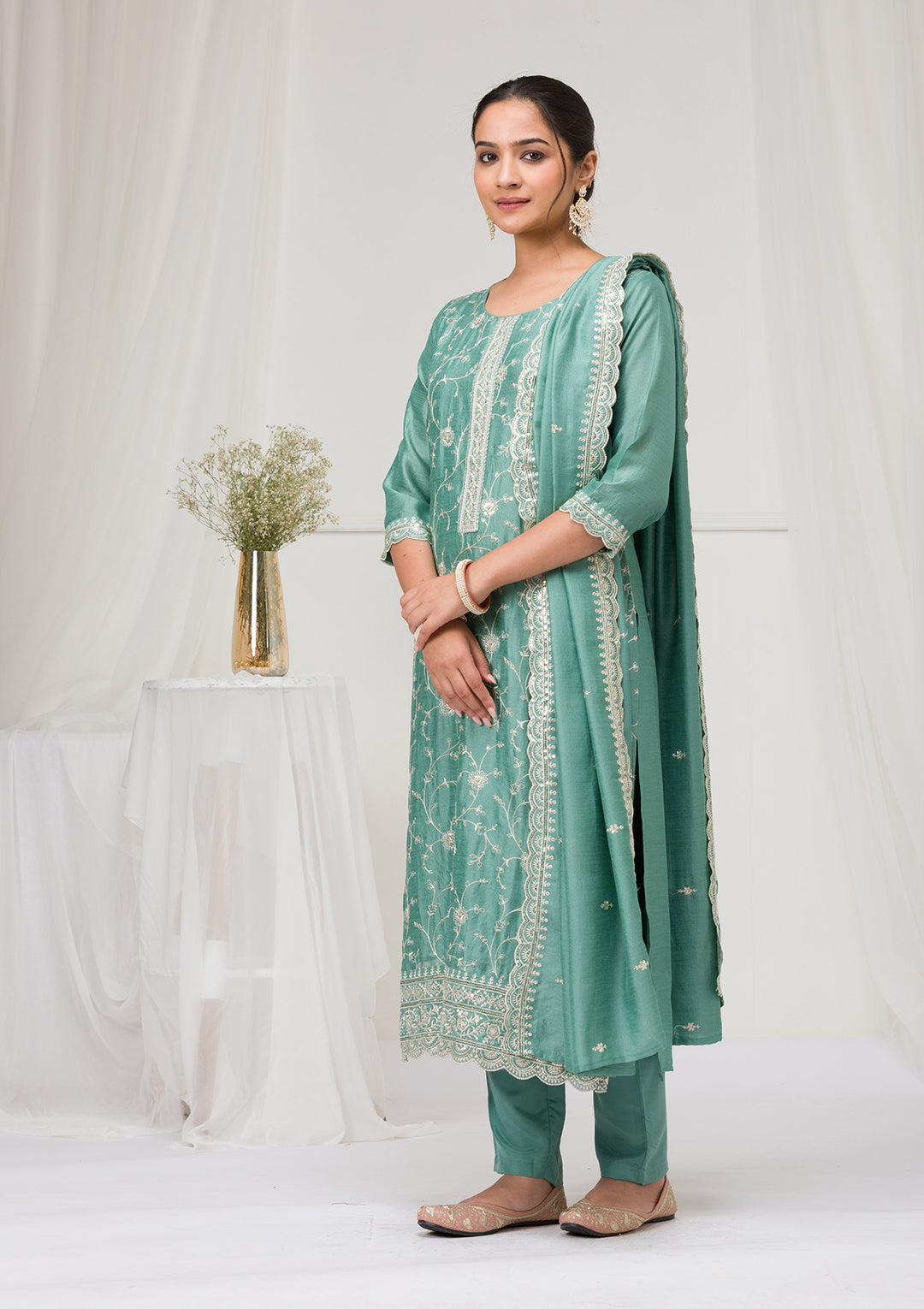Sea Green Threadwork Raw Silk Readymade Salwar Suit