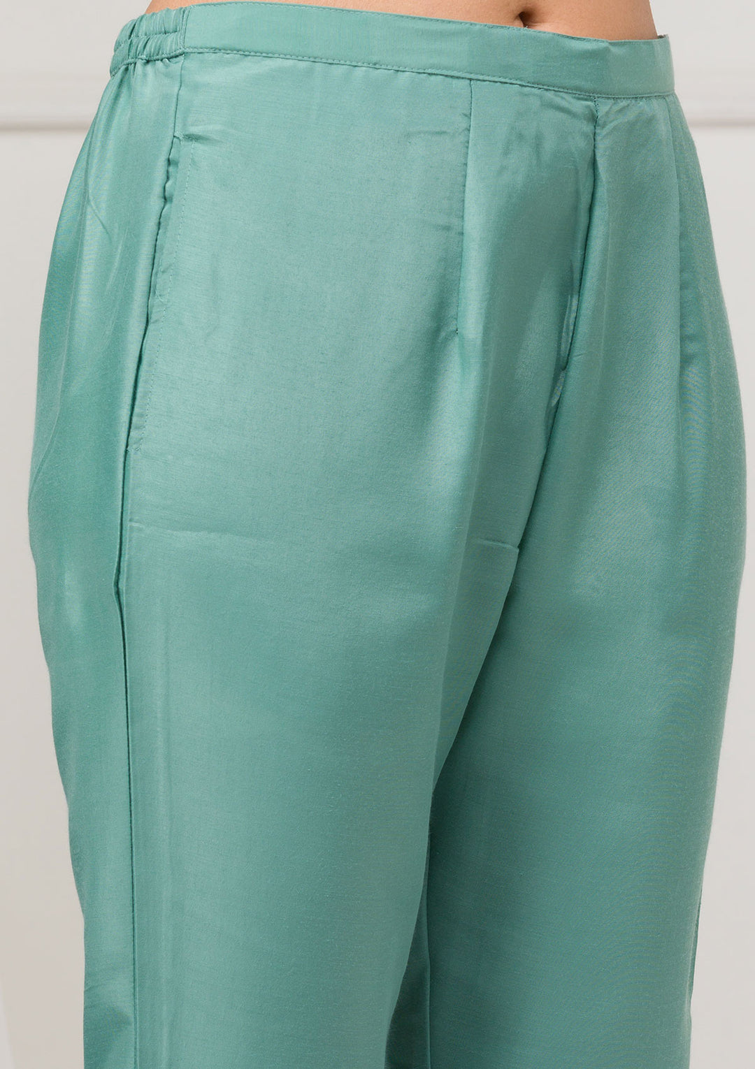 Sea Green Threadwork Raw Silk Readymade Salwar Suit