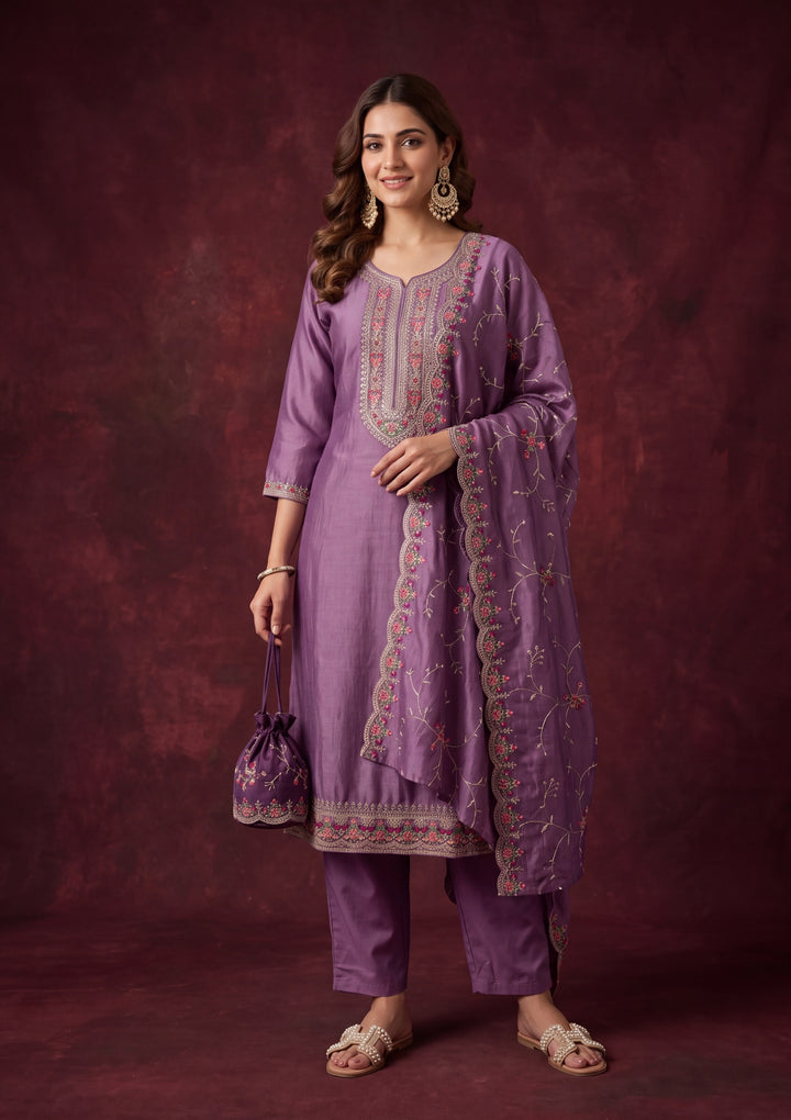 Dark Lavender Soft Raw Silk Threadwork Straight Kurta With Pant Regular And Dupatta