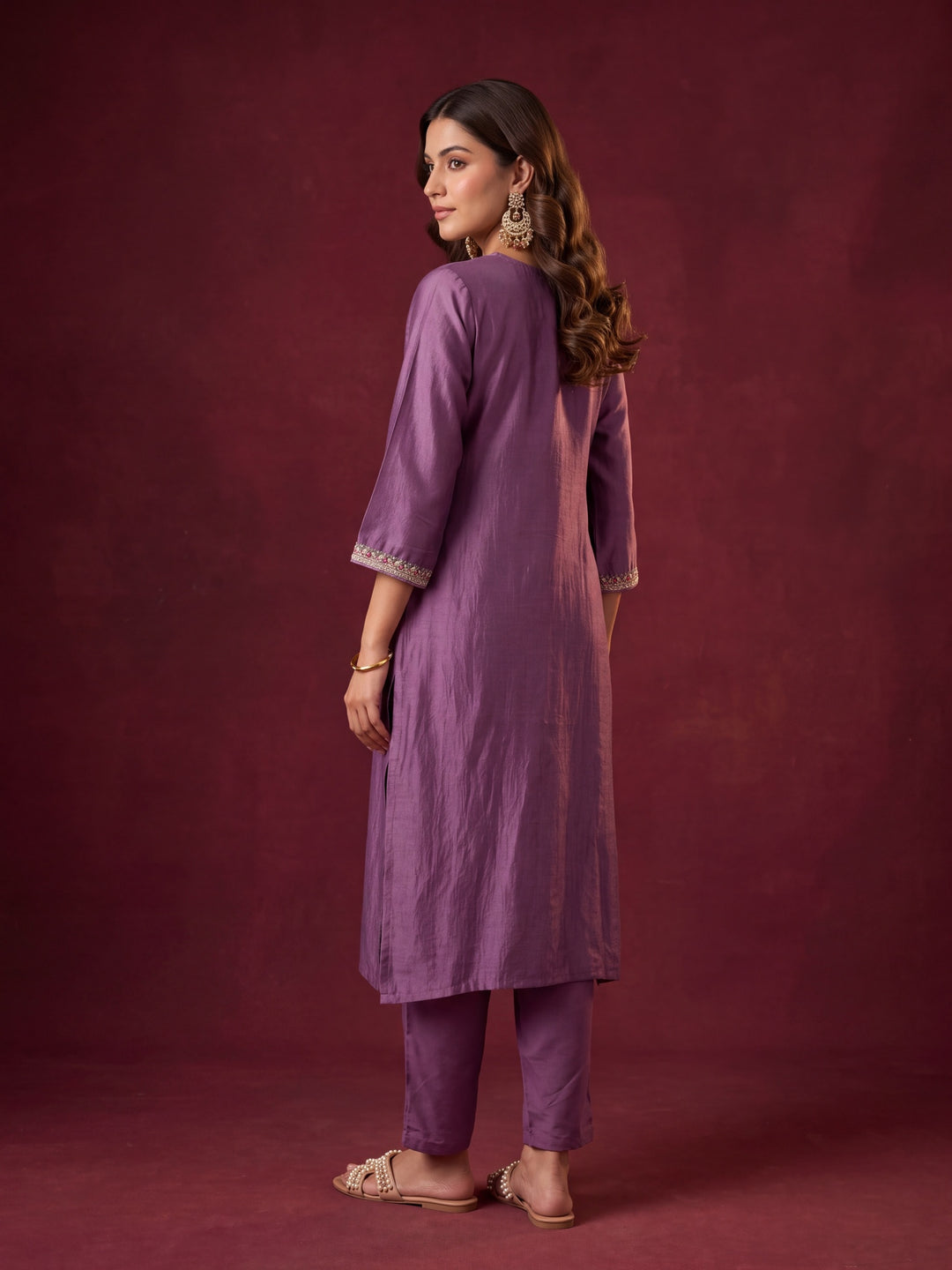 Dark Lavender Soft Raw Silk Threadwork Straight Kurta With Pant Regular And Dupatta