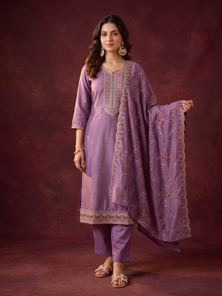 Dark Lavender Soft Raw Silk Threadwork Straight Kurta With Pant Regular And Dupatta