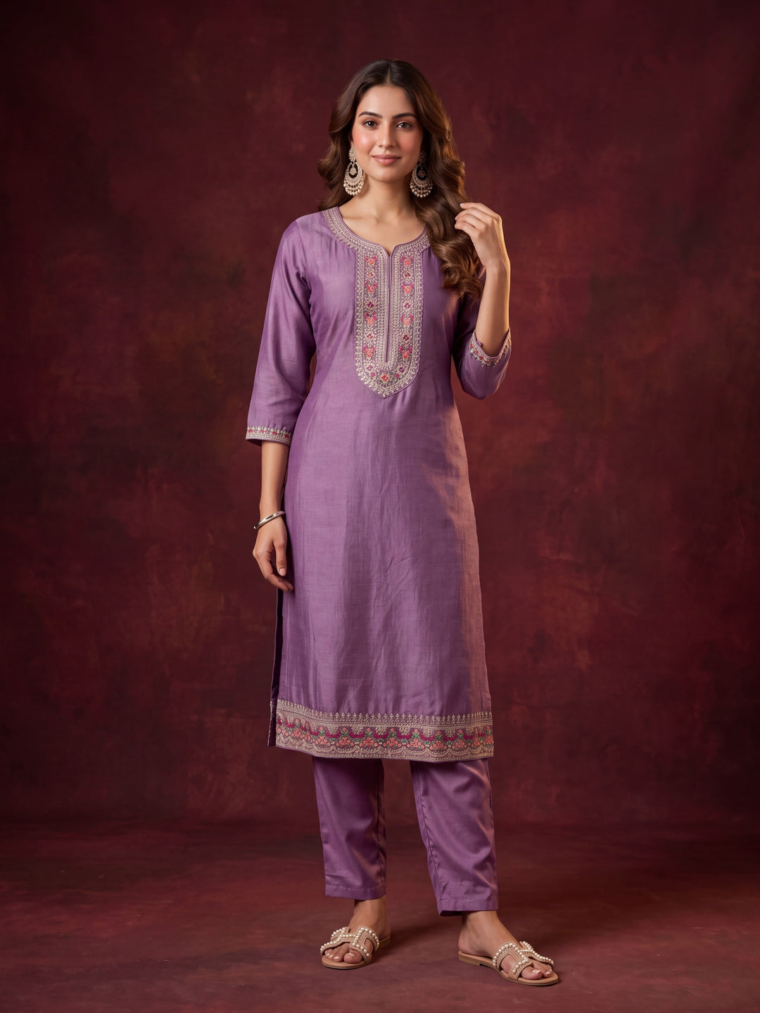 Dark Lavender Soft Raw Silk Threadwork Straight Kurta With Pant Regular And Dupatta