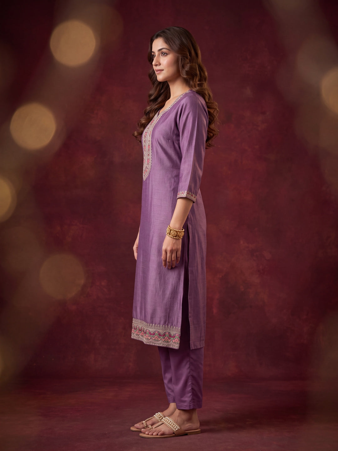 Dark Lavender Soft Raw Silk Threadwork Straight Kurta With Pant Regular And Dupatta