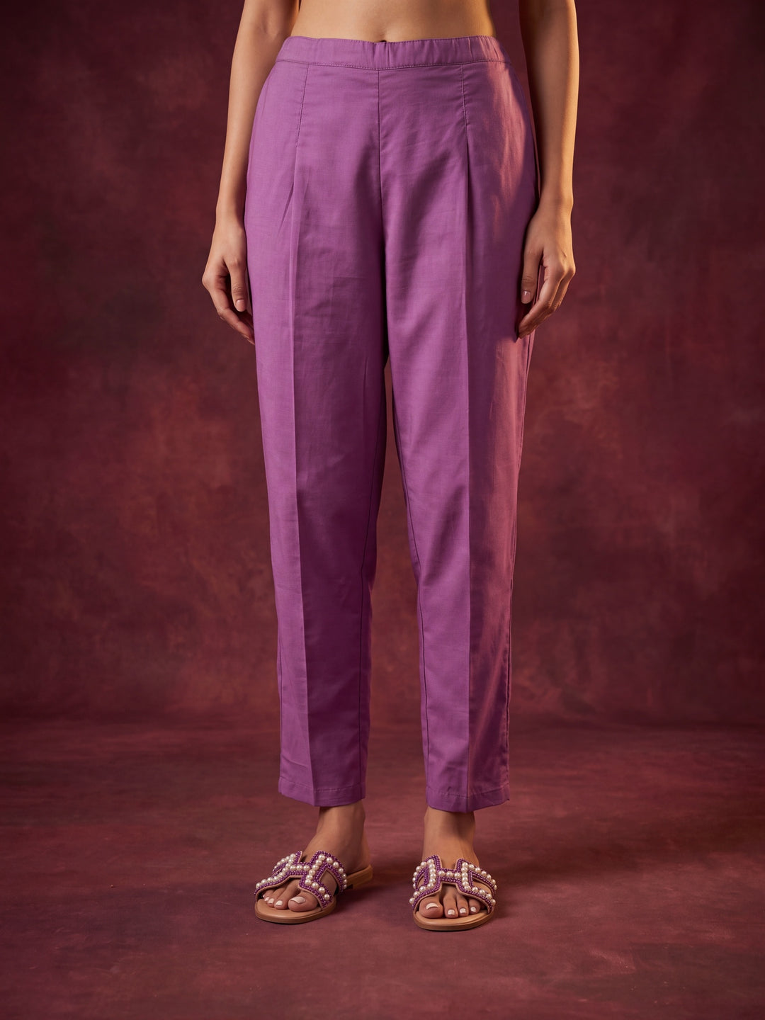 Dark Lavender Soft Raw Silk Threadwork Straight Kurta With Pant Regular And Dupatta