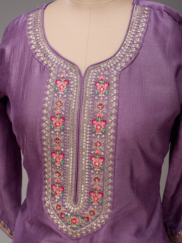 Dark Lavender Soft Raw Silk Threadwork Straight Kurta With Pant Regular And Dupatta
