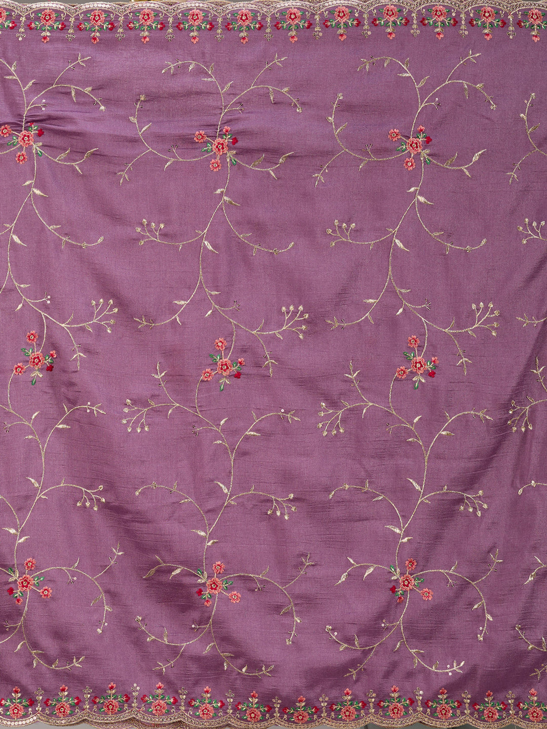 Dark Lavender Soft Raw Silk Threadwork Straight Kurta With Pant Regular And Dupatta