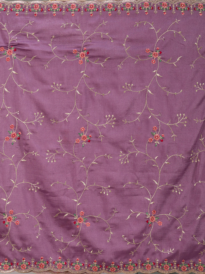 Dark Lavender Soft Raw Silk Threadwork Straight Kurta With Pant Regular And Dupatta